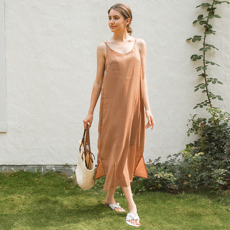 Damen elegantes Leinenkleid mit verstellbaren Spaghetti-Trägern und fließendem Schnitt WW