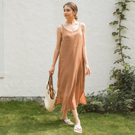 Damen elegantes Leinenkleid mit verstellbaren Spaghetti-Trägern und fließendem Schnitt WW