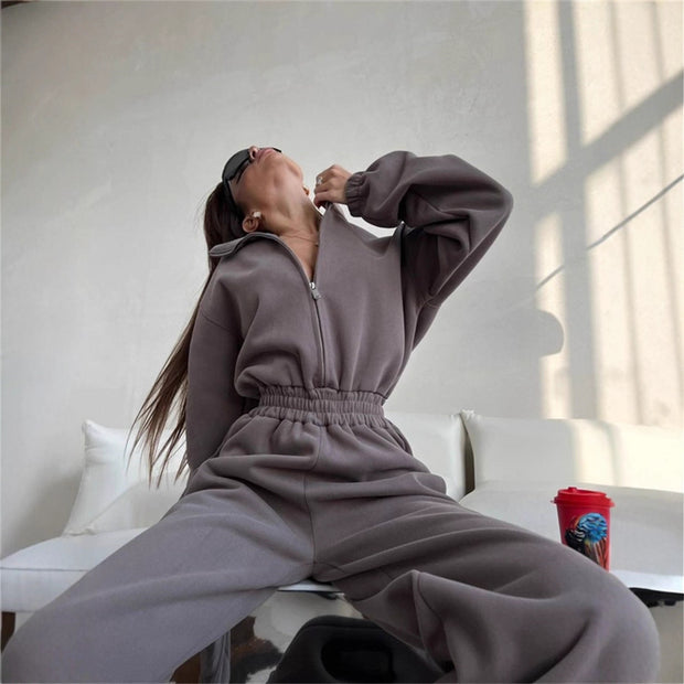 Damen sportliches Fleece-Set mit hohem Kragen und lockeren Hosen WW