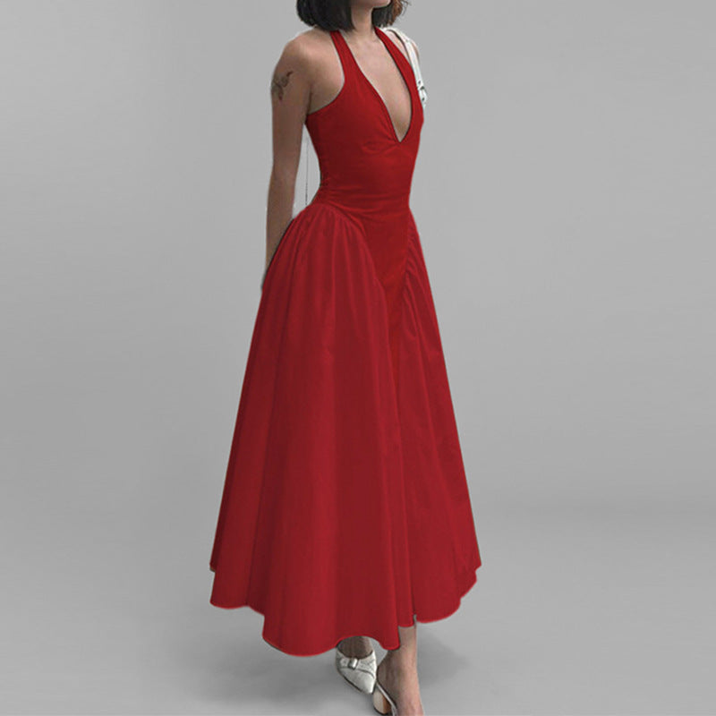 Damen Abendkleid mit tiefem V-Ausschnitt und voluminösem Rock WW