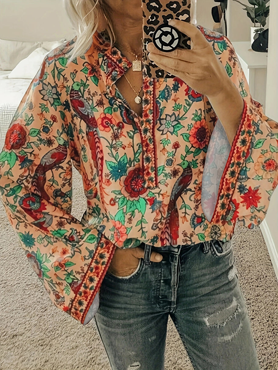 Damen Bluse mit floralem Muster und weitem Ärmel WW