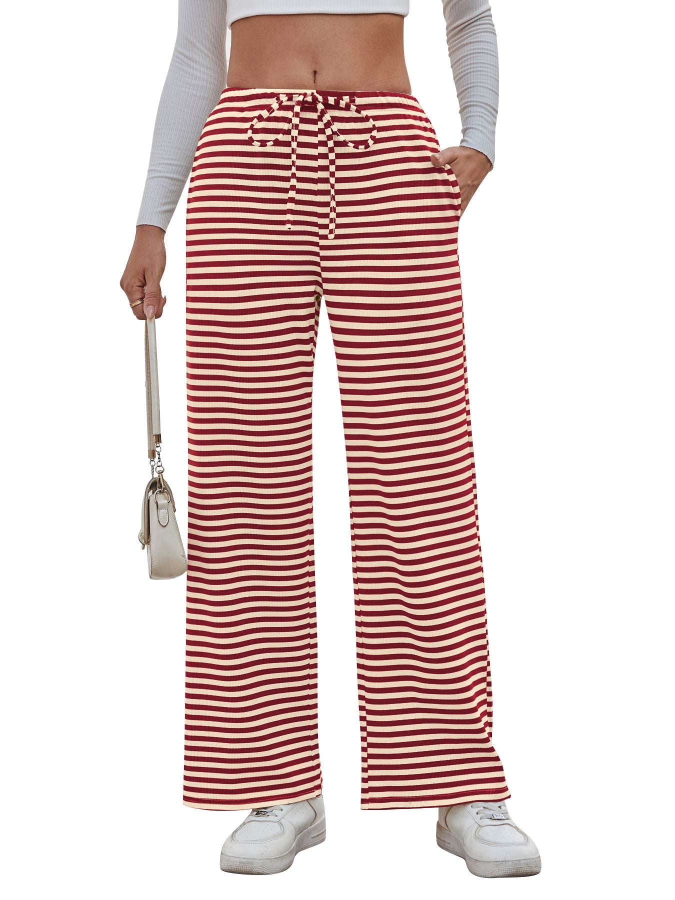 Damen weite Streifenhose mit elastischem Bund und Kordelzug WW