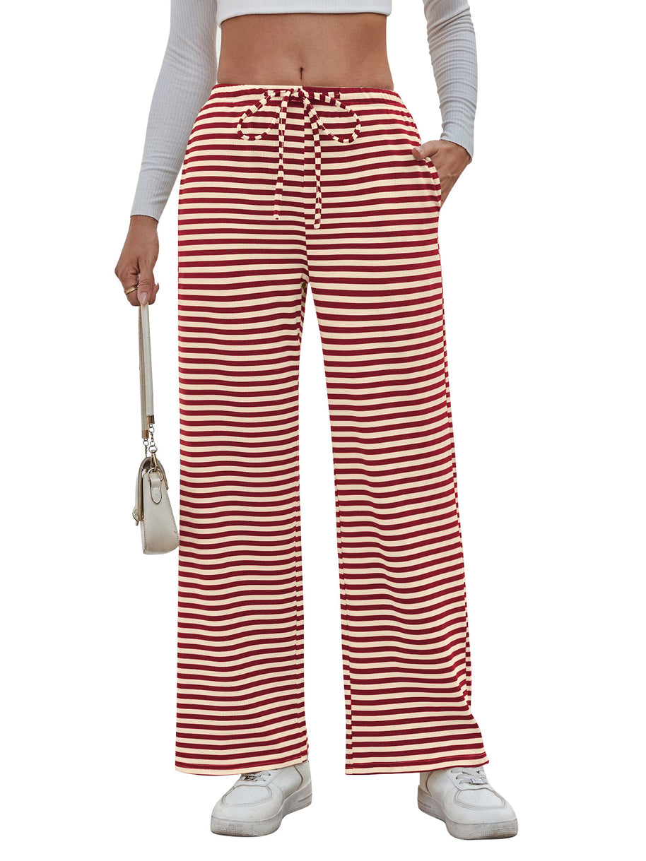 Damen weite Streifenhose mit elastischem Bund und Kordelzug WW