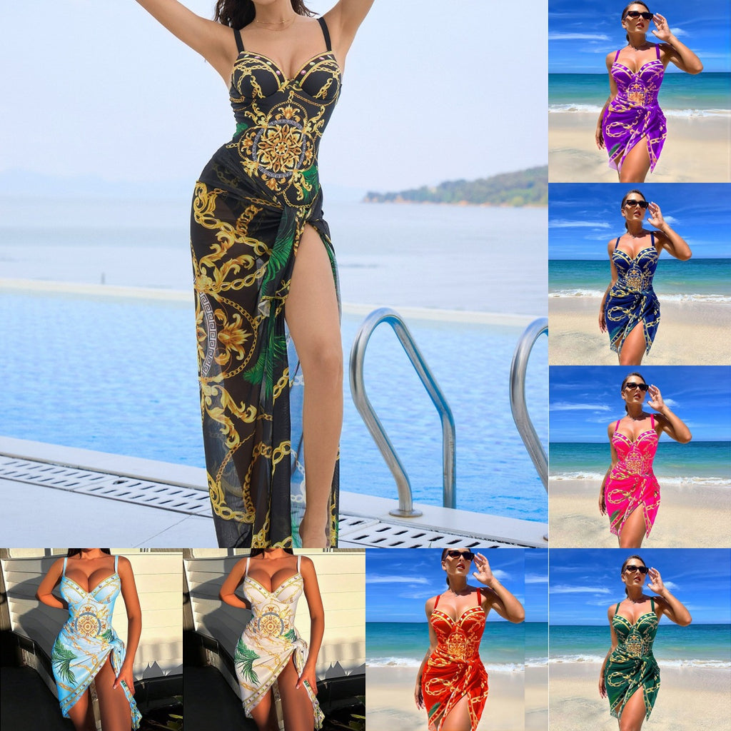 Damen Strandkleid mit elegantem Wickel-Design und auffälligem Muster WW