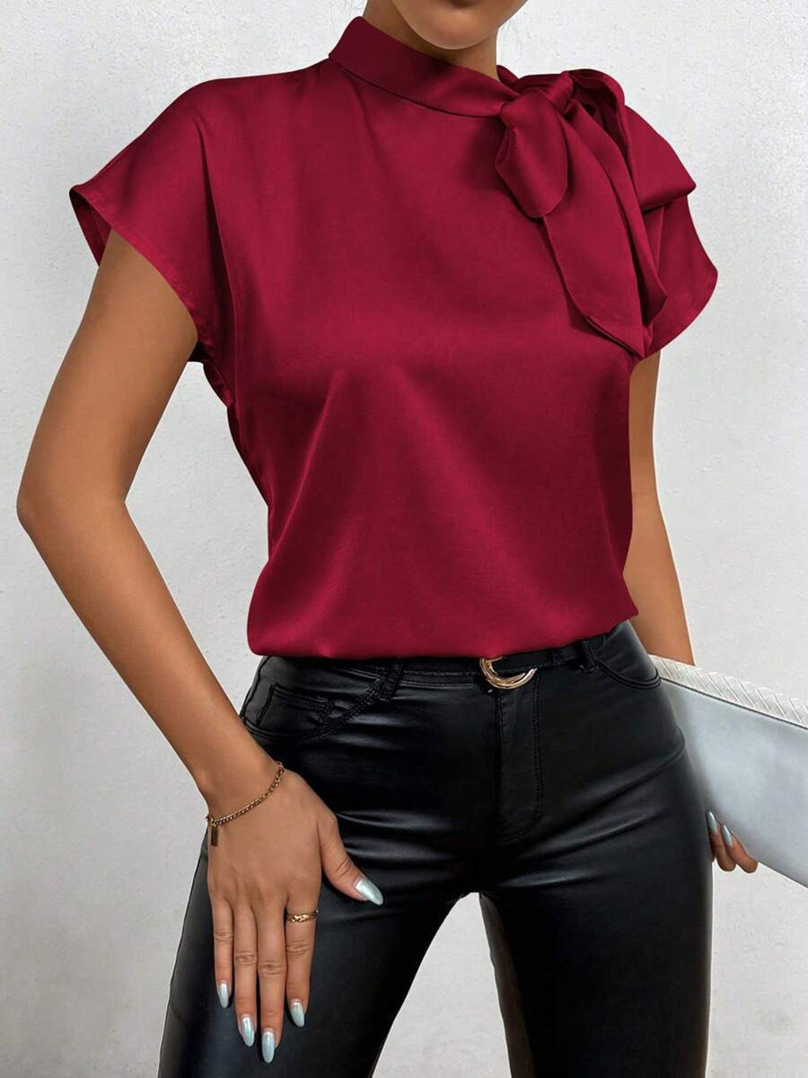 WW | Satinbluse Kurzarm Hoher Kragen Mit Schleife Eleganter Entspannter Schnitt