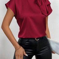 WW | Satinbluse Kurzarm Hoher Kragen Mit Schleife Eleganter Entspannter Schnitt