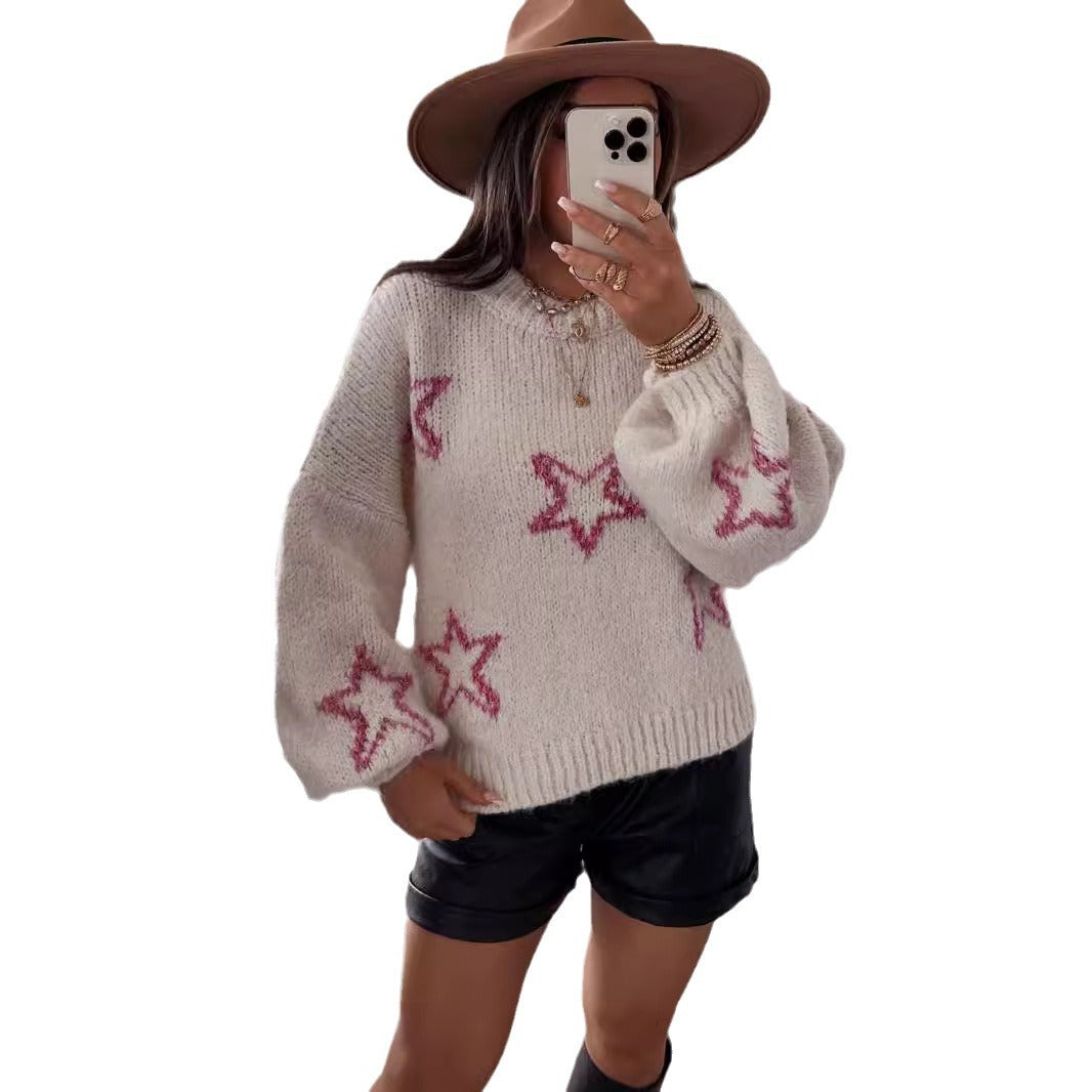 Damen Strickpullover mit Sternen-Design und weit ausgestellten Ärmeln WW