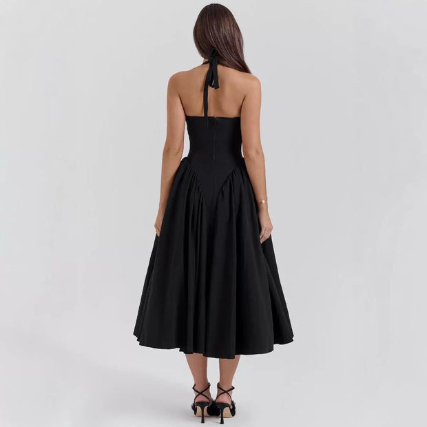 Damen A-linien Midi-Kleid mit tiefem V-Ausschnitt und verspieltem Rückenausschnitt WW