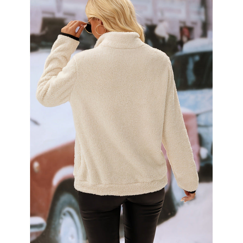 Damen Bequemer Hoher Kragen Fleece Pullover mit Reißverschlussklappe WW