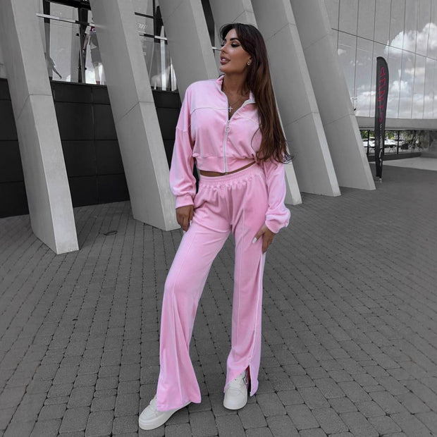 Damen Sportlicher Cropped Fleece-Trainingsanzug WW