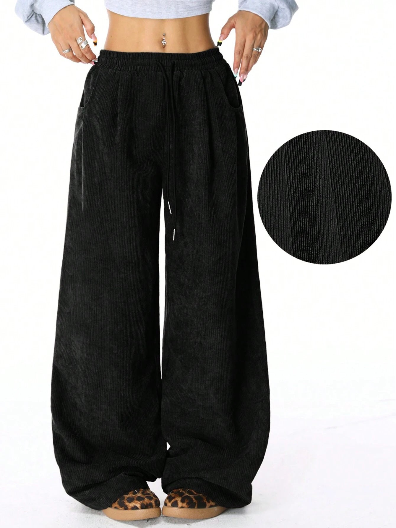 Damen Weite Freizeithose aus Rippmaterial mit elastischem Bund und praktischen Taschen WW