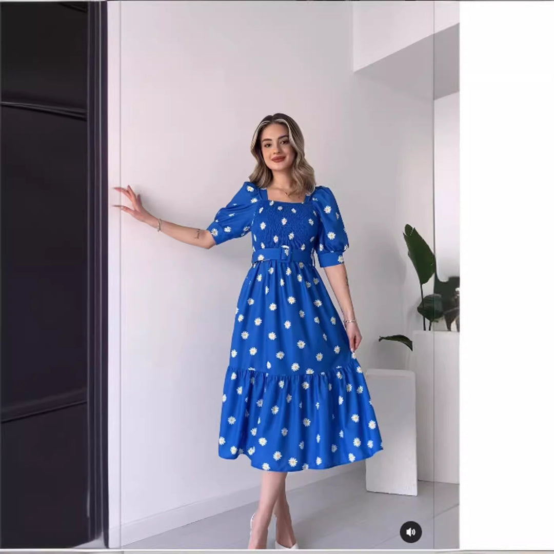W&W Mode | Bedrucktes, taillenbetontes U-Ausschnitt Elegantes Kleid