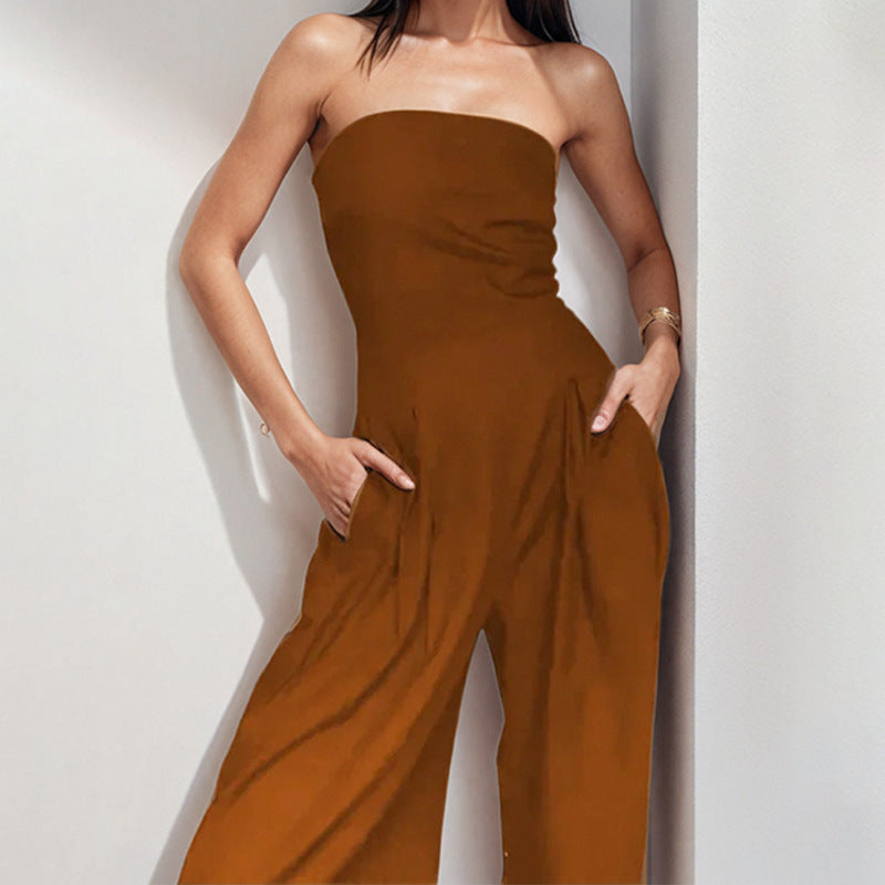Damen Hochwertiger Jumpsuit mit schulterfreiem Design und weitem Bein W&W Mode