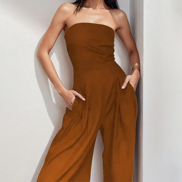 Damen Hochwertiger Jumpsuit mit schulterfreiem Design und weitem Bein WW