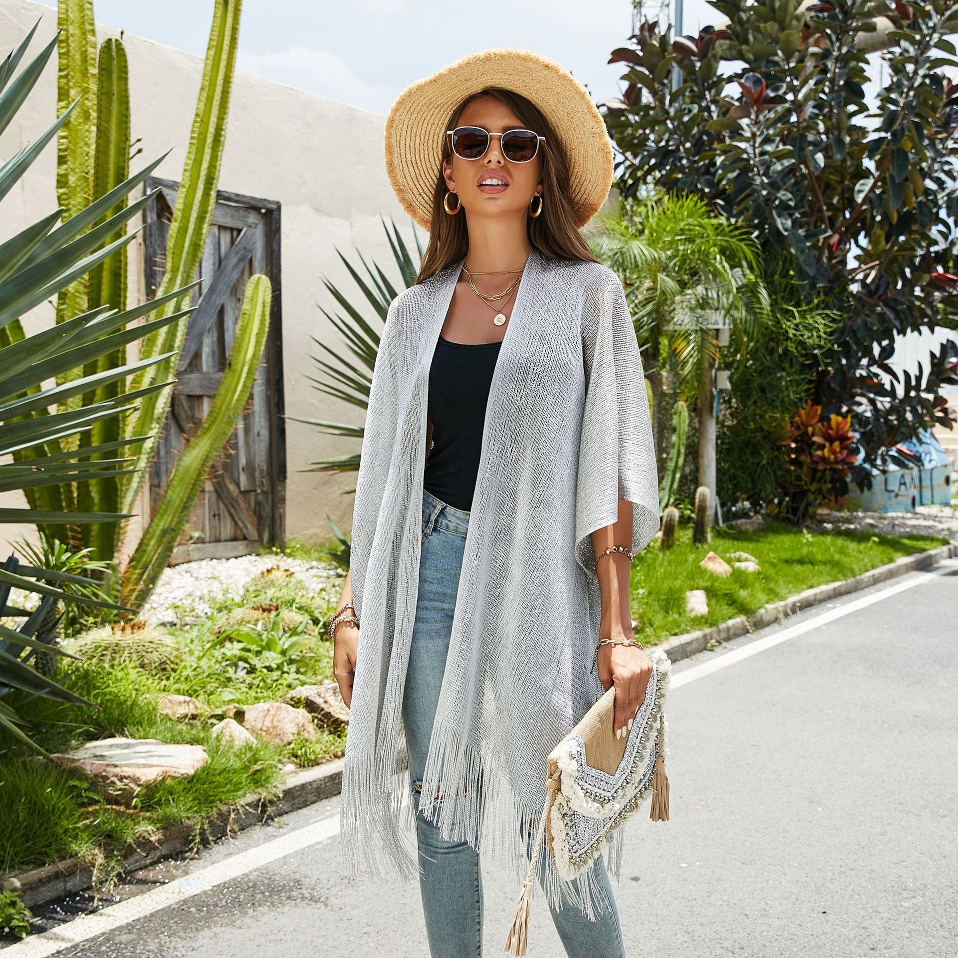 Damen Fransen-Kimono aus transparenter, luftiger Struktur WW