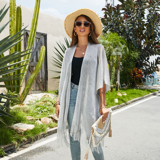 Damen Fransen-Kimono aus transparenter, luftiger Struktur WW