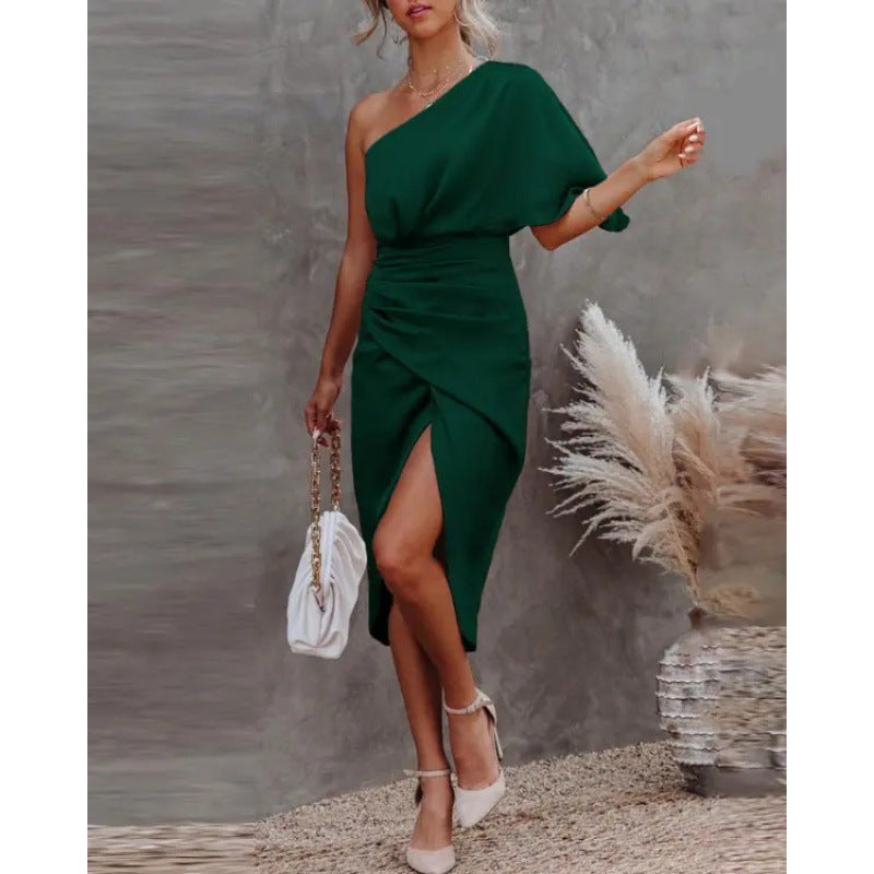 Damen schickes, asymmetrisches Abendkleid mit elegantem Schlitz und raffinierter Drapierung WW