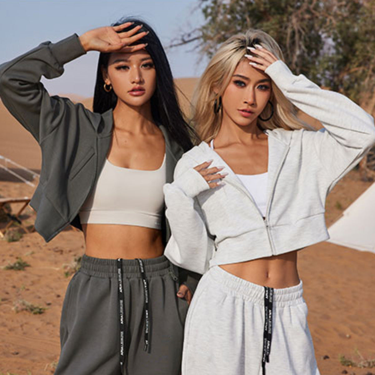 Damen sportliches Lounge-Set mit cropped Hoodie und elastischer Jogginghose WW