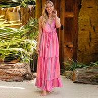 Damen Maxikleid mit V-Ausschnitt und verspieltem Streifenmuster WW