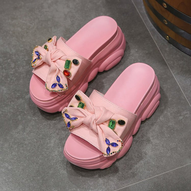 Damen Plattform-Pantoletten mit dekorativem Schleifen- und Strassdesign W&W
