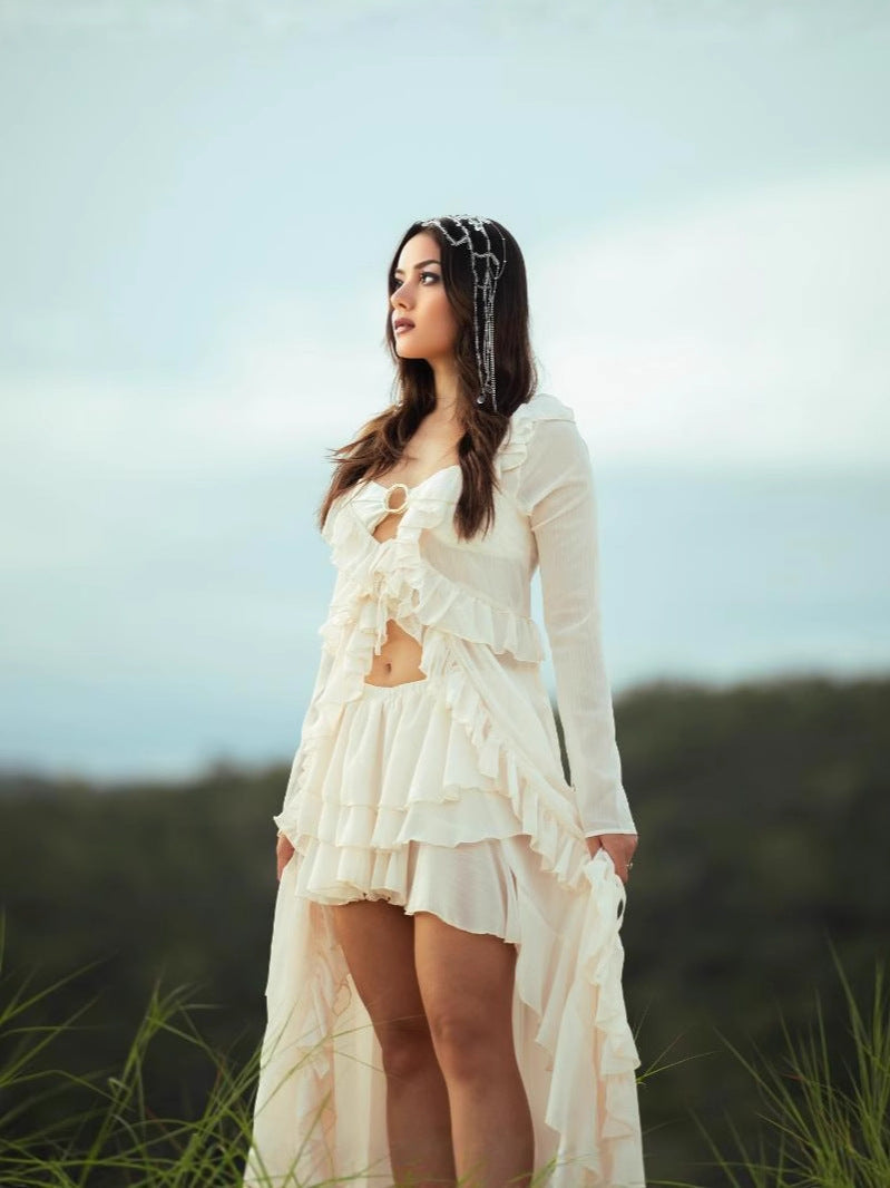 Damen romantisches Rüschenkleid mit langen Ärmeln WW