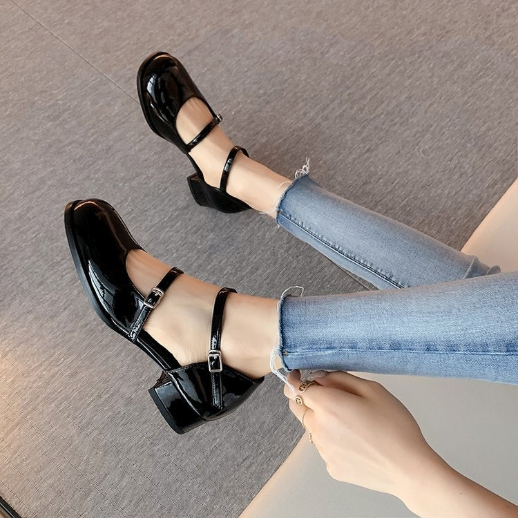 Damen-Mary-Jane-Schuhe mit Zier-Riemchen und Blockabsatz