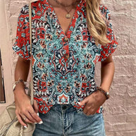 Damen Kurzarm Bluse mit dekorativem Musterdruck und knöpfbarem Ausschnitt WW