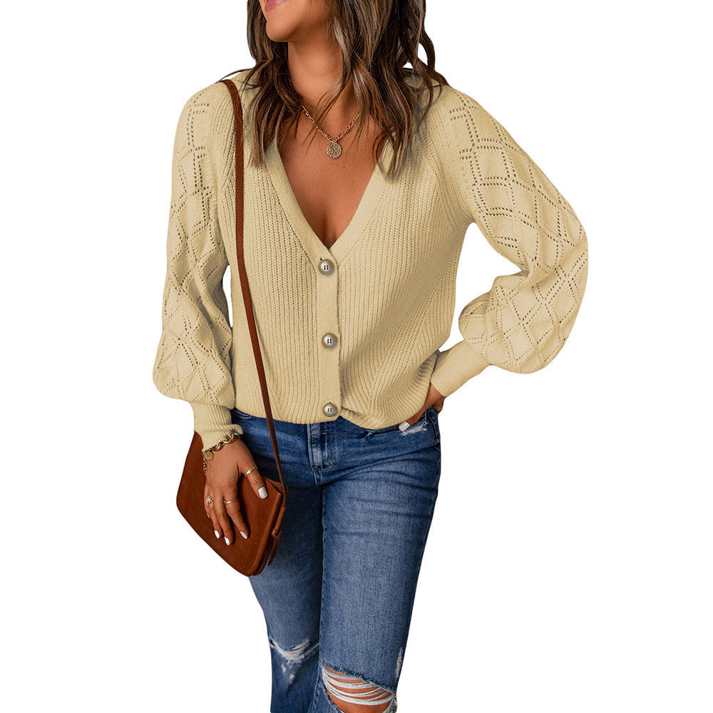 Damen Strickjacke mit V-Ausschnitt und Puffärmeln WW