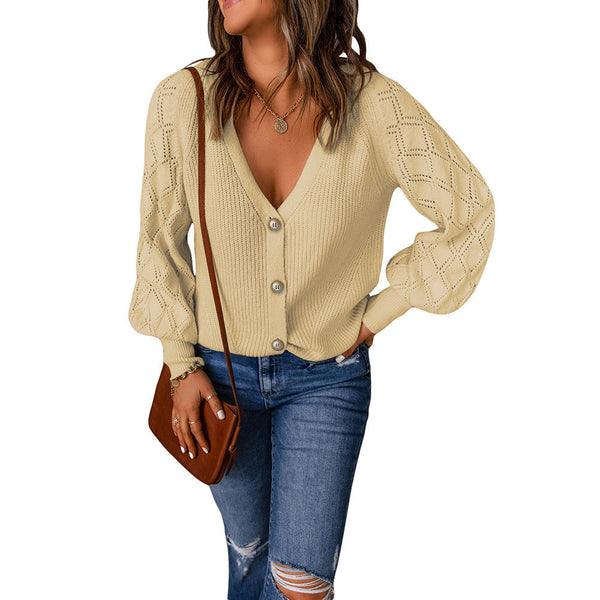 Damen Strickjacke mit V-Ausschnitt und Puffärmeln WW