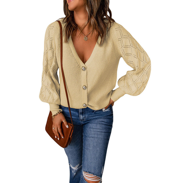 Damen Strickjacke mit V-Ausschnitt und Puffärmeln WW