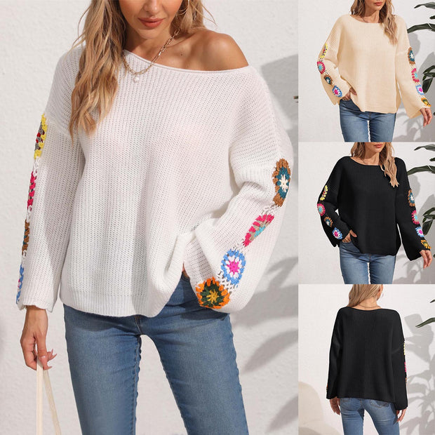 Damen eleganter Pullover mit bunten Häkelapplikationen an den Ärmeln WW