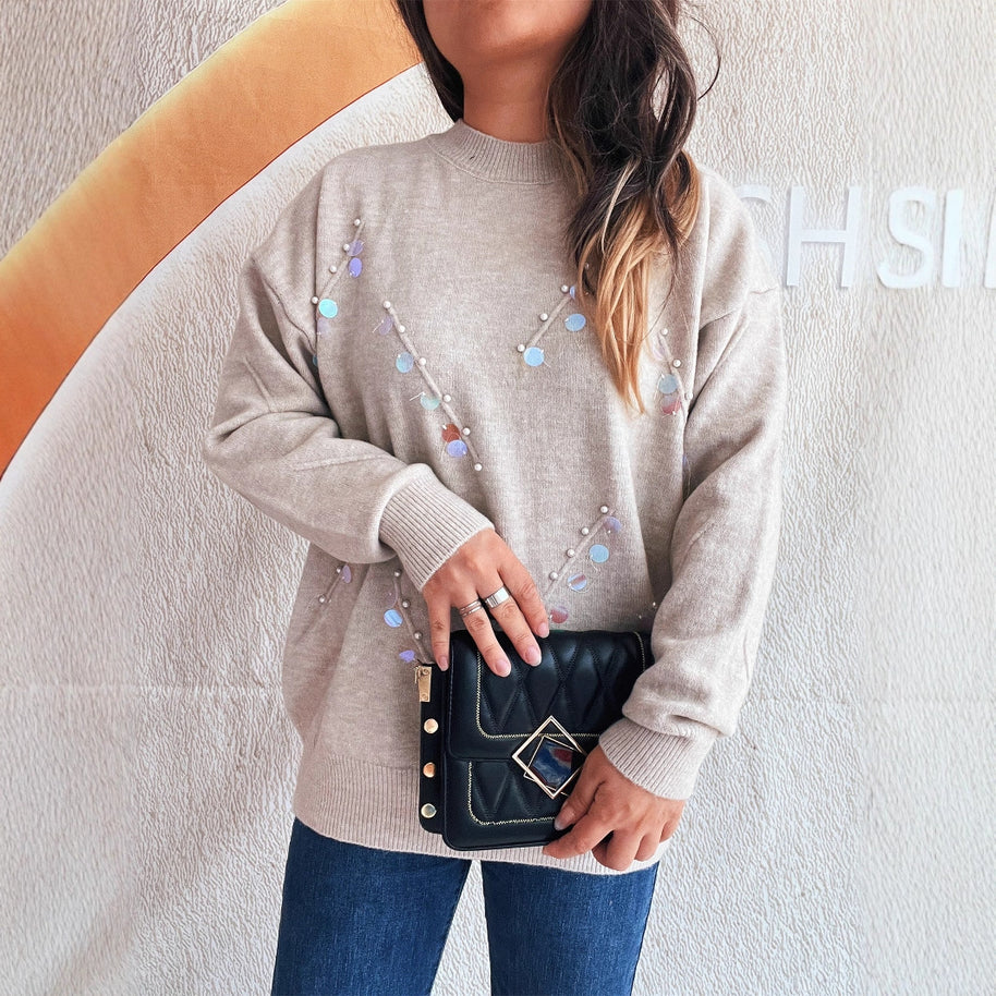 Damen Pullover mit modischen Perl- und Strassdetails WW