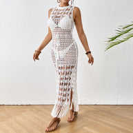 Damen gehäkeltes Strandkleid mit tiefem Schlitz und fransigen Akzenten WW