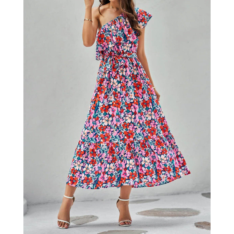 Damen Ein-Schulter Blumen Maxikleid mit Rüschen-Saum WW
