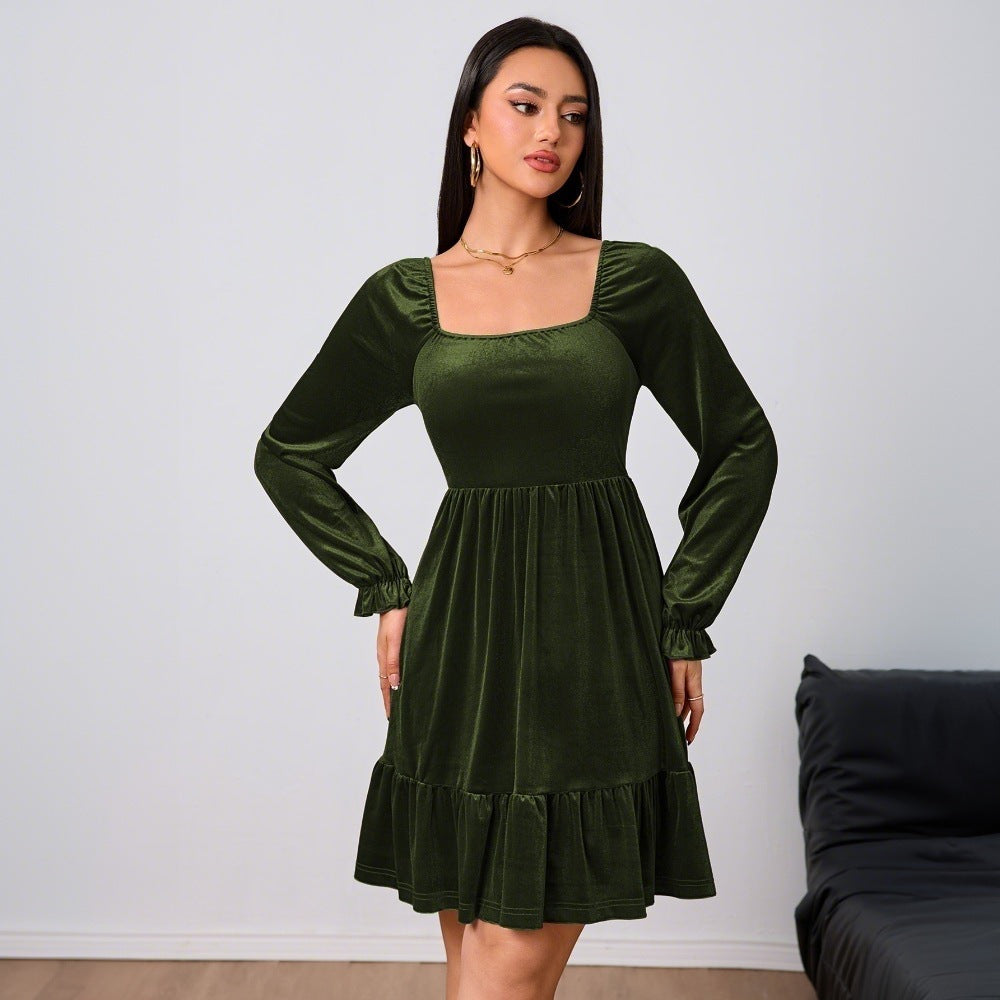 Damen Samtkleid mit voluminösen Ärmeln und schickem Rüschensaum W&W