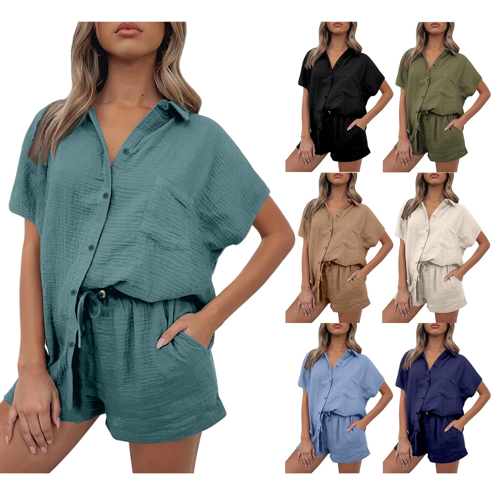 Damen lässiges Kurzarm-Hemd und Shorts Set aus strapazierfähigem Baumwollmaterial mit praktischen Taschen und elastischem Bund WW