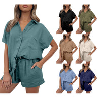 Damen lässiges Kurzarm-Hemd und Shorts Set aus strapazierfähigem Baumwollmaterial mit praktischen Taschen und elastischem Bund WW