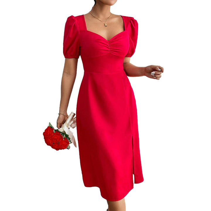 Damen Midi-Kleid mit Puffärmeln und raffiniertem Rüschendetail W&W Mode