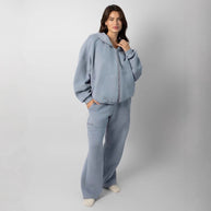 Damen sportliches Fleece-Hoodie-Set mit Reißverschluss und weiten Hosen WW