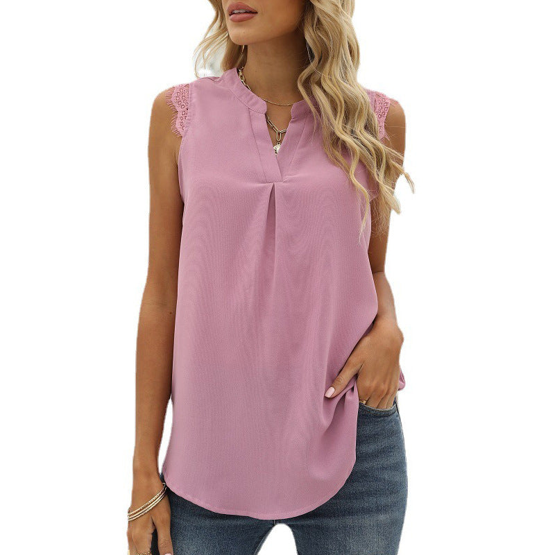 Damen ärmelloses Blusenshirt mit elegantem Spitzeneinsatz und modischen Falten WW