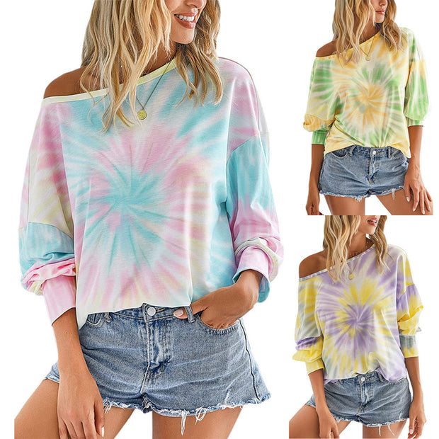 Damen lässiges Sweatshirt mit asymmetrischem Ausschnitt und modernem Tie-Dye-Design WW