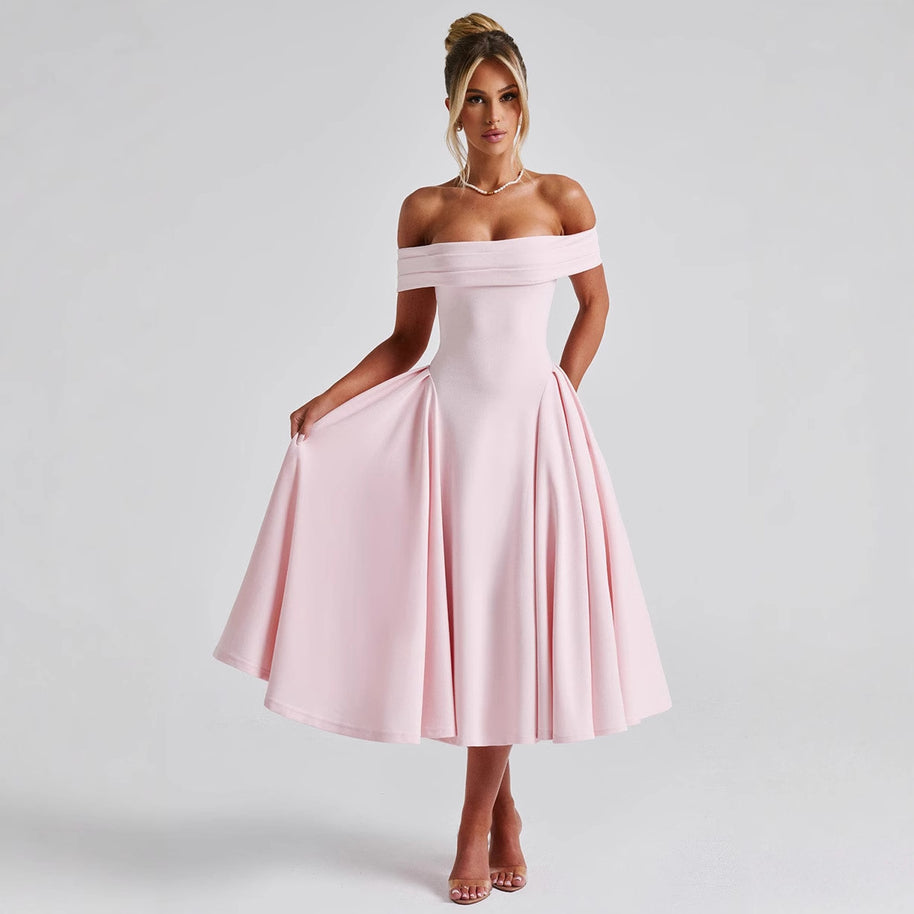 Damen elegantes Abendkleid mit schulterfreiem Design und voluminösem Rock WW