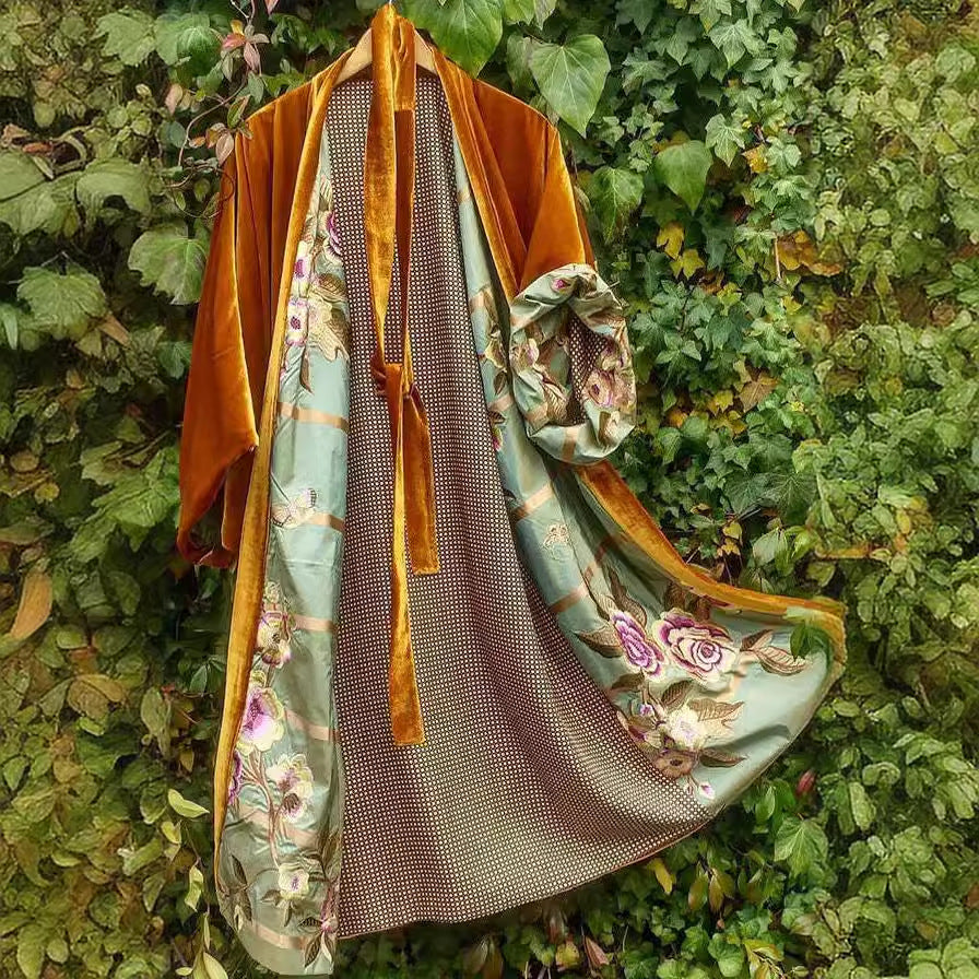 W&W Mode | Satin Digital Floral Taille Gürtel Cardigan Schlafanzug