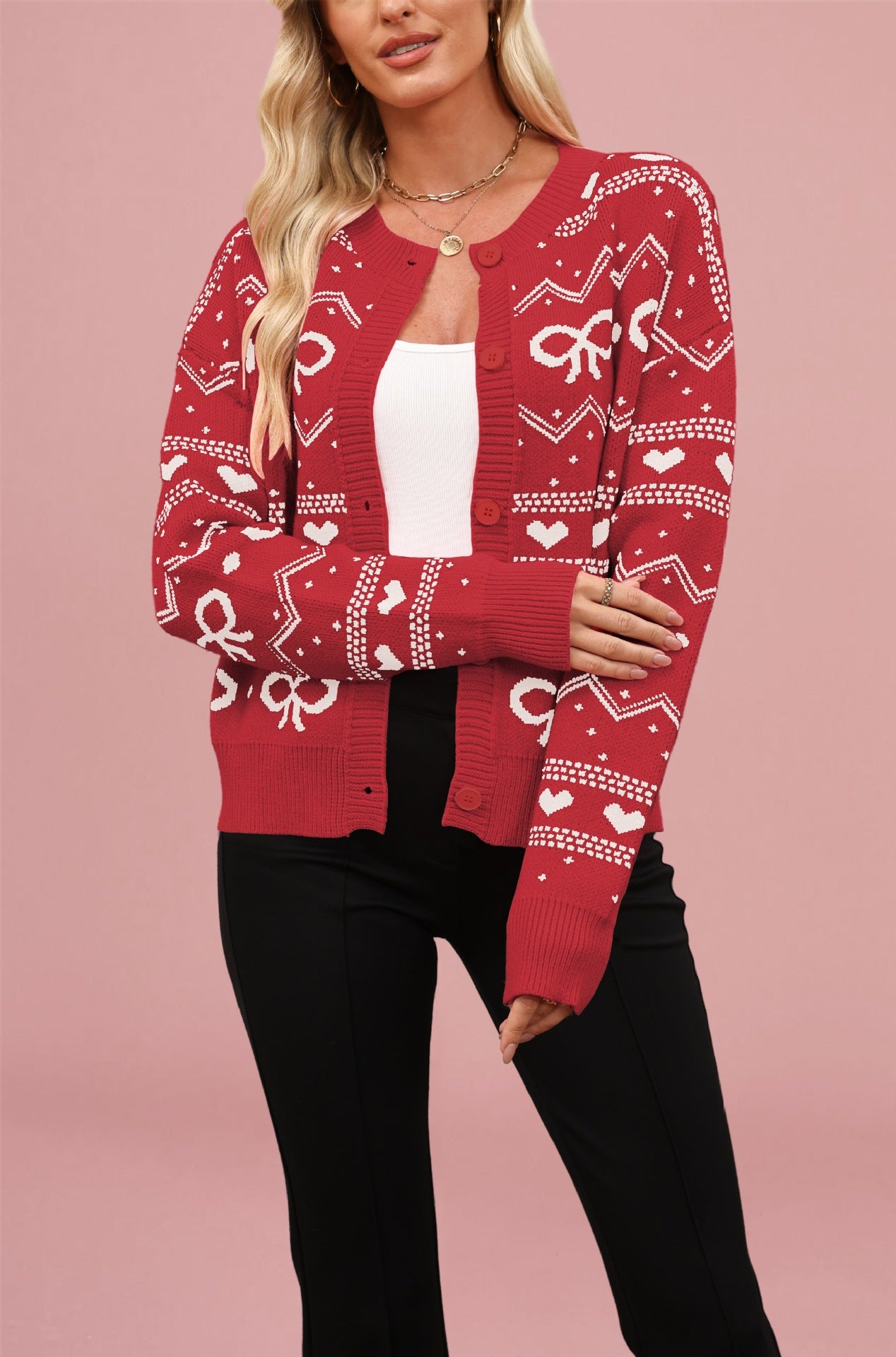 Damen Strickjacke mit verspieltem Herz- und Schleifenmuster WW