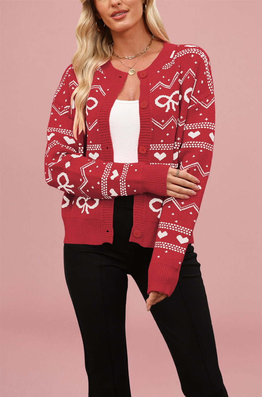 Damen Strickjacke mit verspieltem Herz- und Schleifenmuster WW
