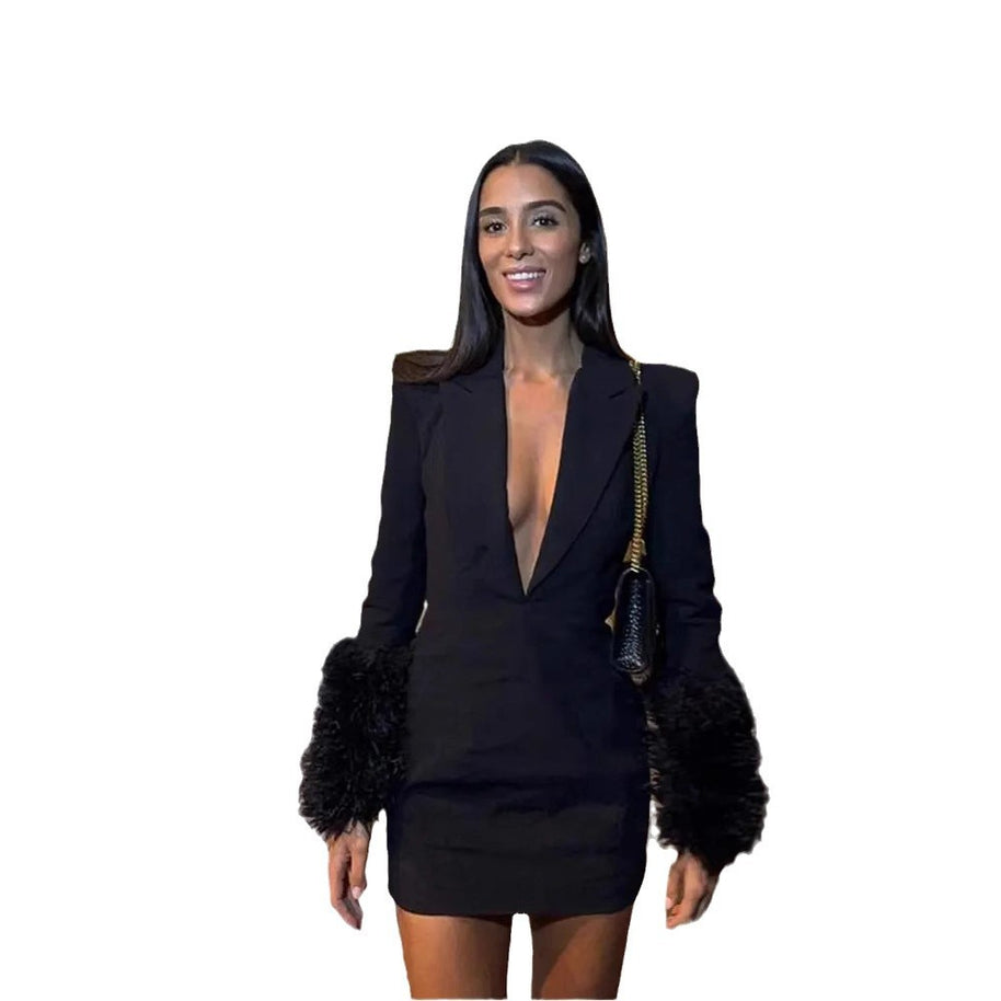 Damen Sexy Minikleid mit tiefem V-Ausschnitt und glamourösen Federärmeln WW