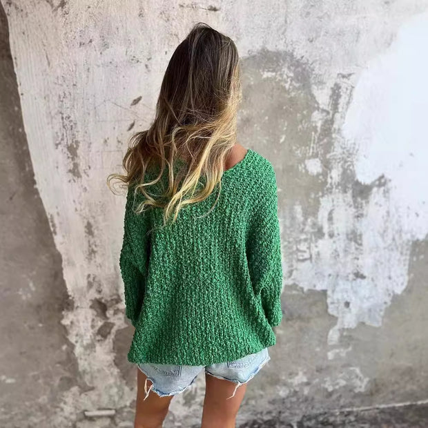 Damen Bequemes V-Ausschnitt Sweatshirt mit Struktur und langen Ärmeln WW