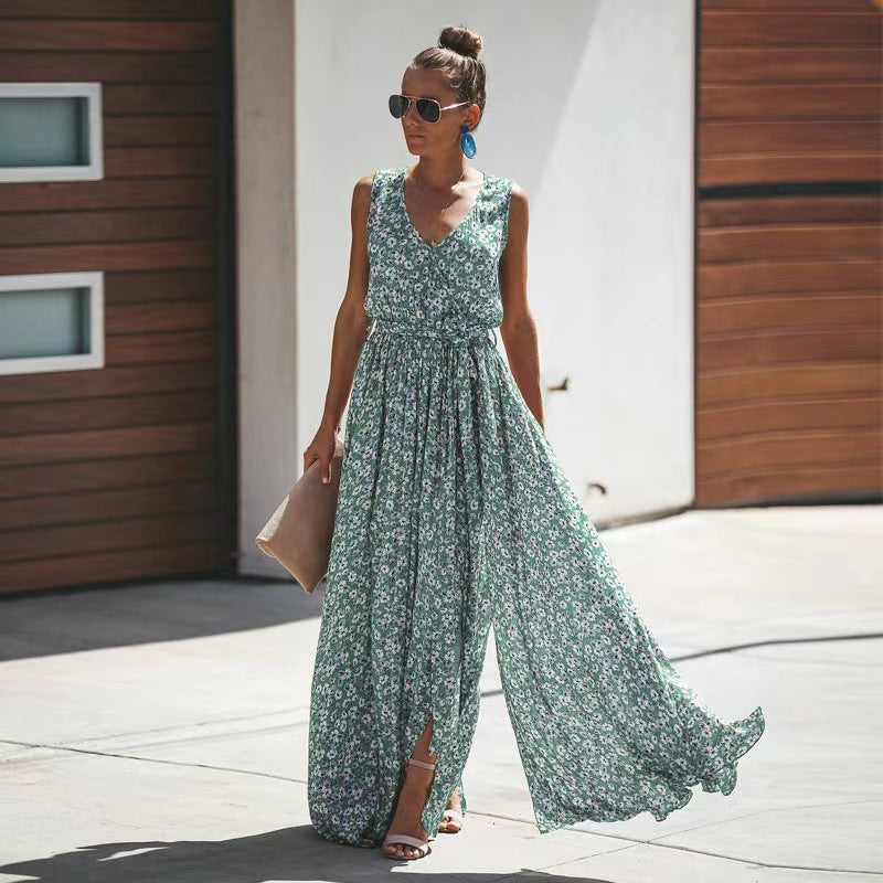WW | Kleines Blumenmuster Maxikleid mit Ärmellosem Design und V-Ausschnitt