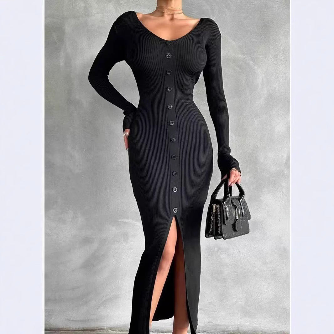 Damen Strickkleid mit fein strukturierter Rippoptik und eleganten Knopfdetails WW