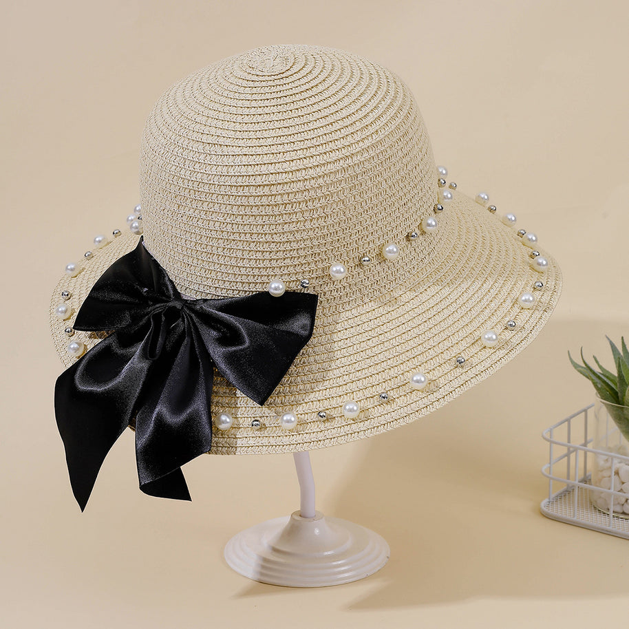 Damen Eleganter Strohhut mit breiter Krempe und dekorativem Satinband WW